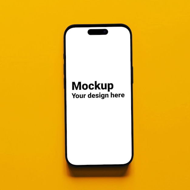 Mockup of black smartphone similar to iphone 15 on yellow background