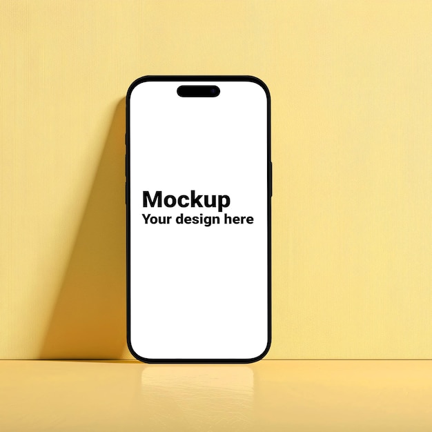 Mockup of black smartphone similar to iphone 15 on yellow background