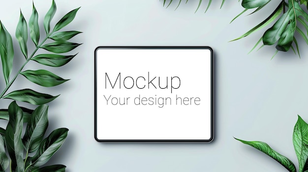 PSD mockup of black tablet on gray background with plants