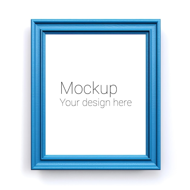 Mockup of blue frame for poster or photo on white wall