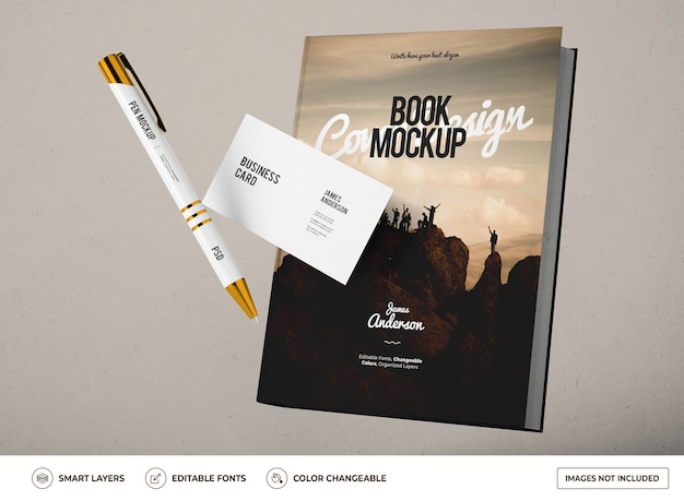 Mockup of Book with Business Card and Pen Design