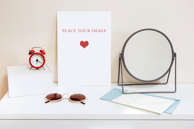 Mockup card on a white table, women's makeup table, scene creator