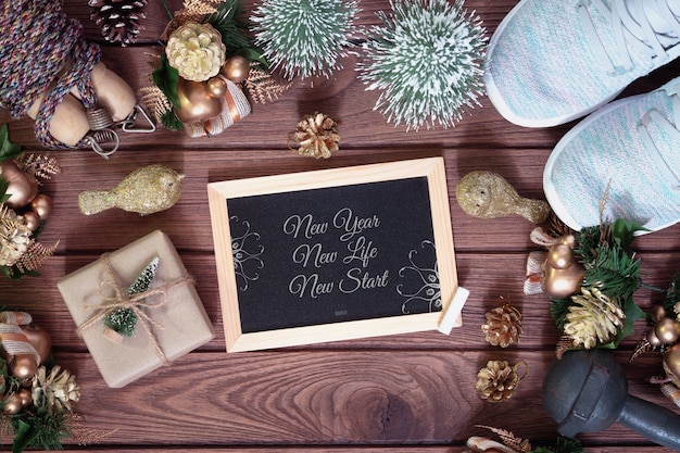 Mockup chalkboard with for New Year resolutions healthy concep