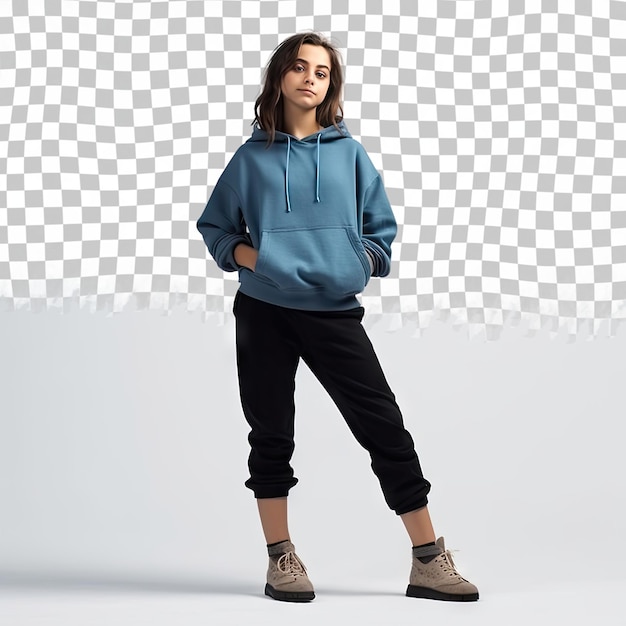 PSD mockup clothes series young caucasian girl in a black hoodie and blue pants isolated on the transpa