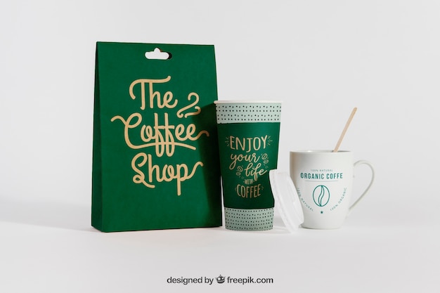 Mockup of coffee bag and two cups