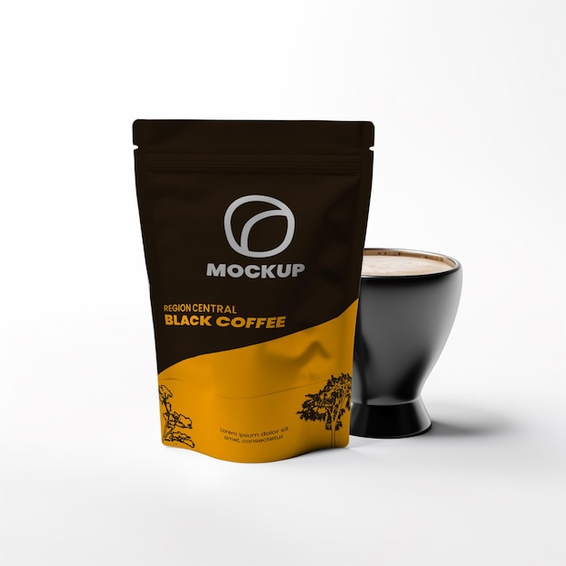 PSD a mockup of a coffee bag with a cup of coffee in it.