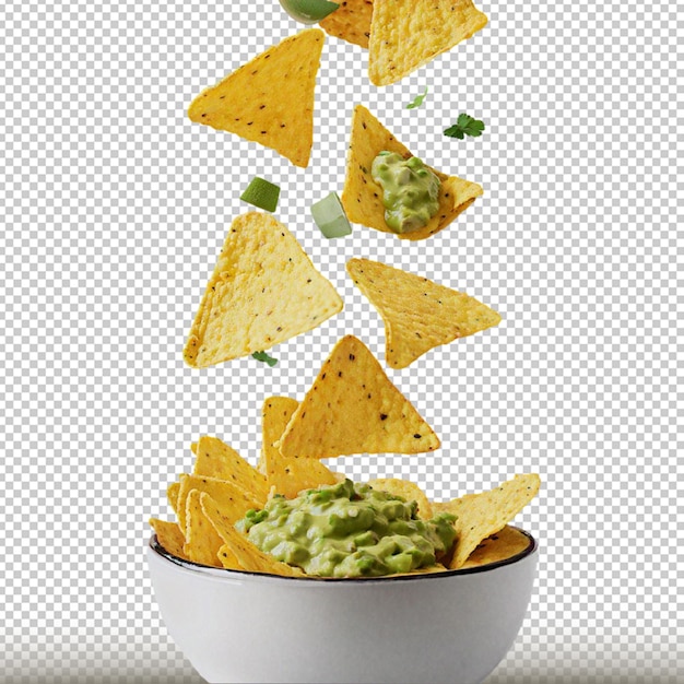 mockup de nachos cayendo sobre bol con guacamole in a white bowl with chips transparent background