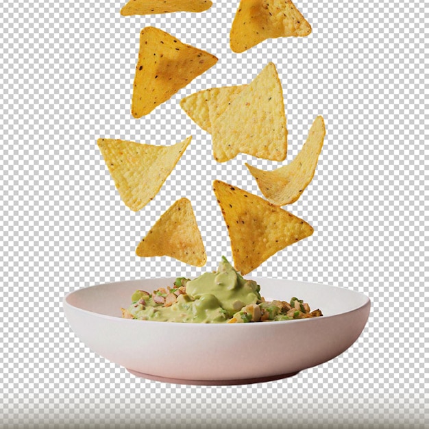 PSD mockup de nachos cayendo sobre bol con guacamole in a white bowl with chips transparent background