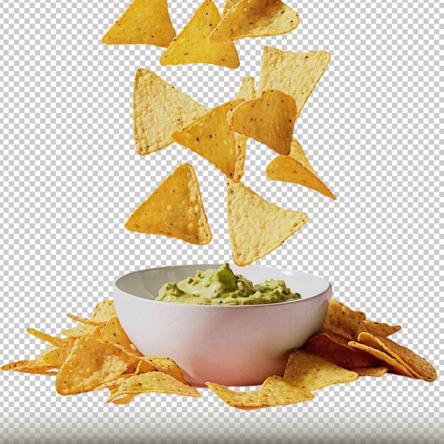 mockup de nachos cayendo sobre bol con guacamole in a white bowl with chips transparent background