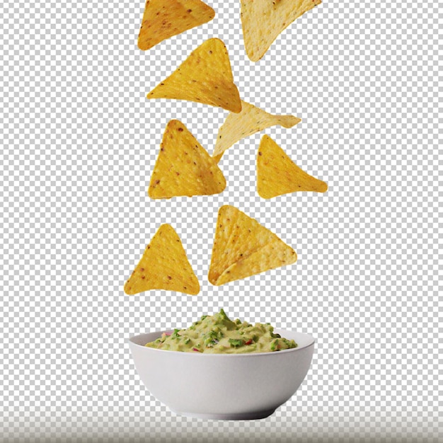 PSD mockup de nachos cayendo sobre bol con guacamole in a white bowl with chips transparent background