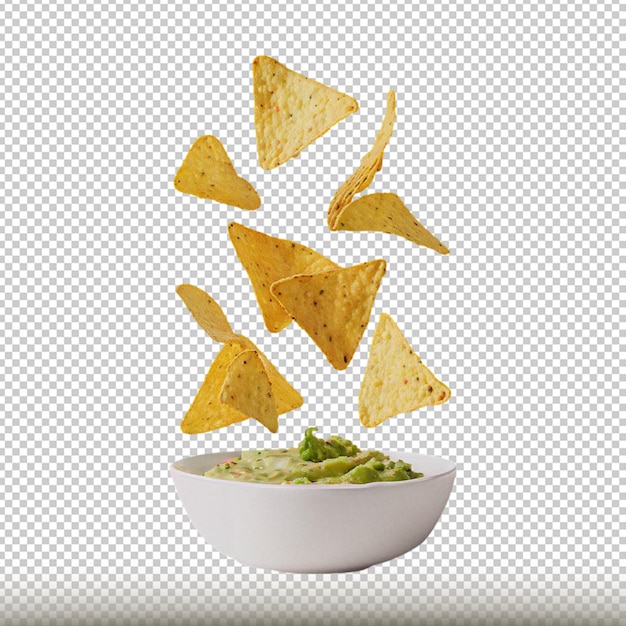 PSD mockup de nachos cayendo sobre bol con guacamole in a white bowl with chips transparent background