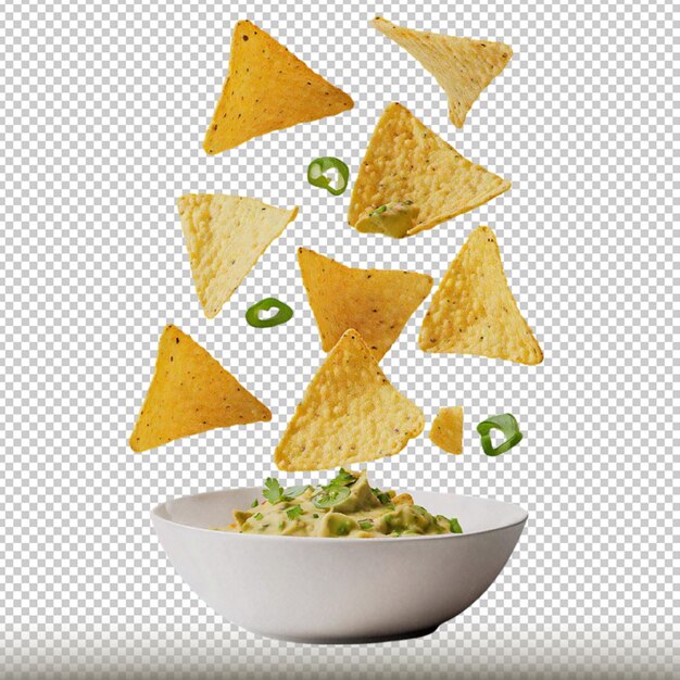 mockup de nachos cayendo sobre bol con guacamole in a white bowl with chips transparent background