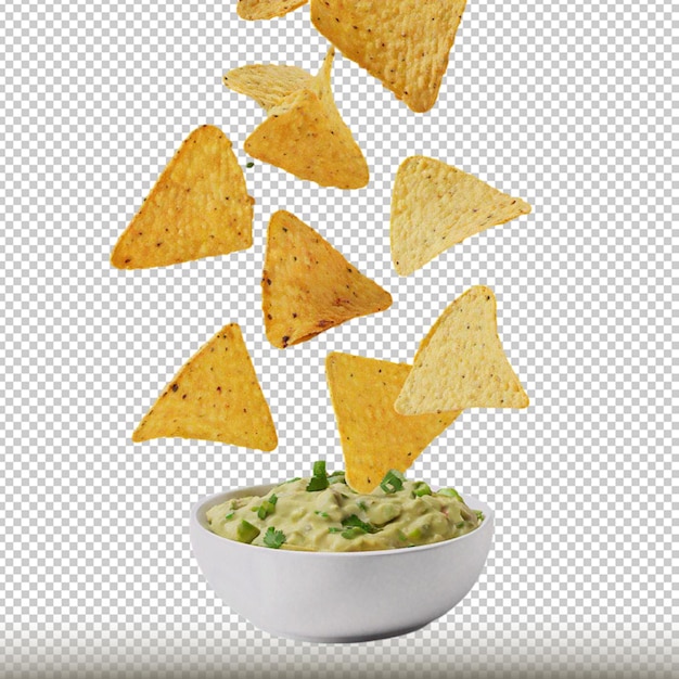 PSD mockup de nachos cayendo sobre bol con guacamole in a white bowl with chips transparent background