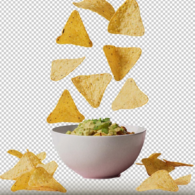 mockup de nachos cayendo sobre bol con guacamole in a white bowl with chips transparent background