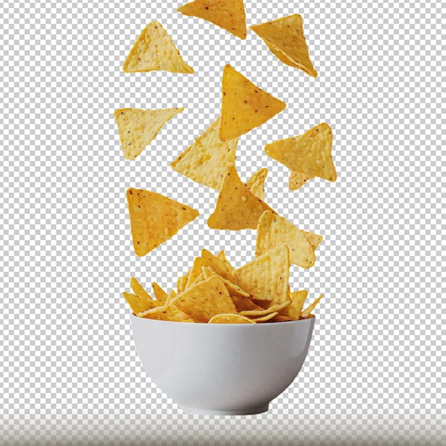 mockup de nachos cayendo sobre bol con guacamole in a white bowl with chips transparent background