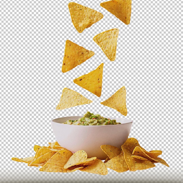 PSD mockup de nachos cayendo sobre bol con guacamole in a white bowl with chips transparent background