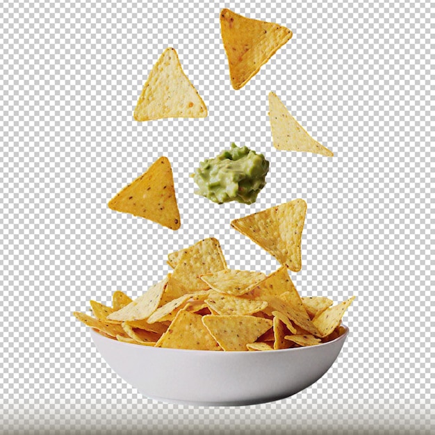 mockup de nachos cayendo sobre bol con guacamole in a white bowl with chips transparent background