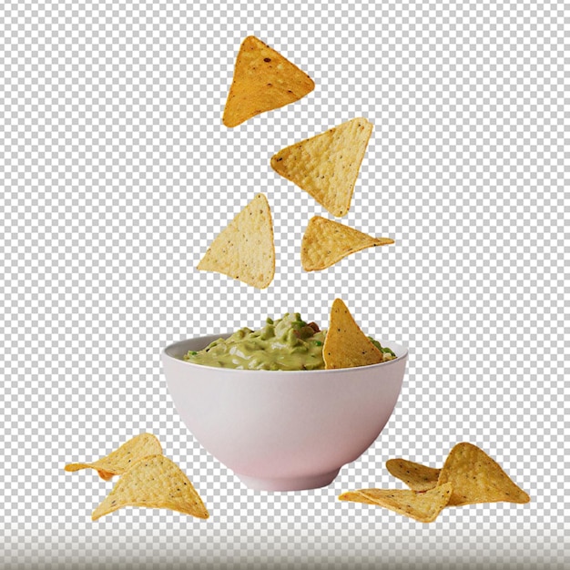 PSD mockup de nachos cayendo sobre bol con guacamole in a white bowl with chips transparent background