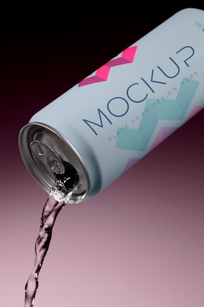 Mockup of drink can pouring liquid