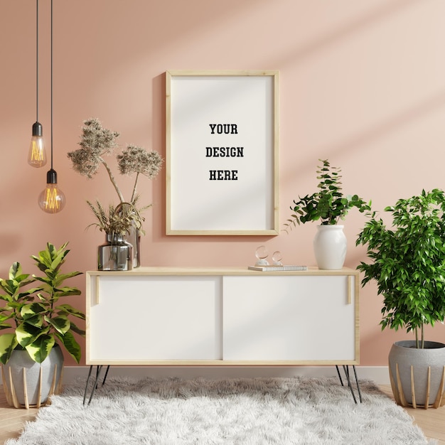 Mockup frame on cabinet in living room interior,Scandinavian style,3d rendering