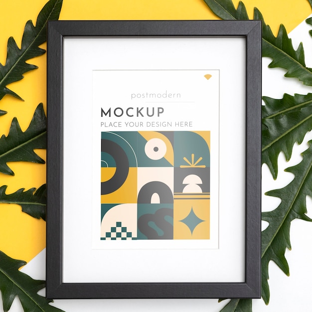 Mockup frame on wall with leaves