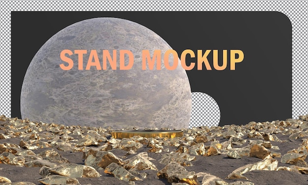 Mockup Gold stand display with gold rocks concept abstract and moon background