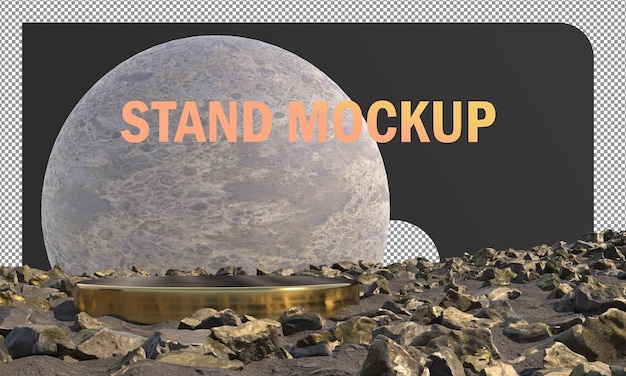 Mockup Gold stand display with gold rocks concept abstract and moon background