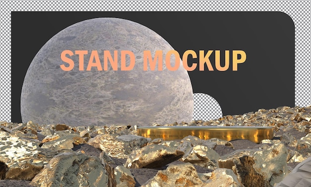 Mockup Gold stand display with gold rocks concept abstract and moon background