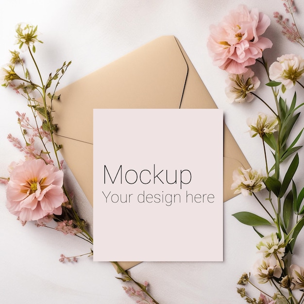 Mockup of greeting card with flowers and envelope