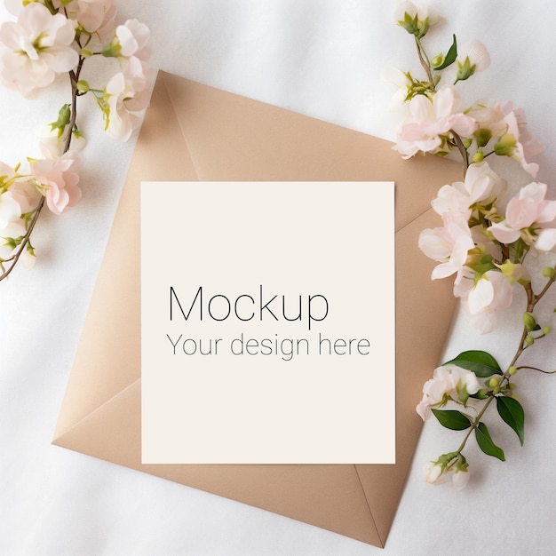 Mockup of greeting card with flowers and envelope