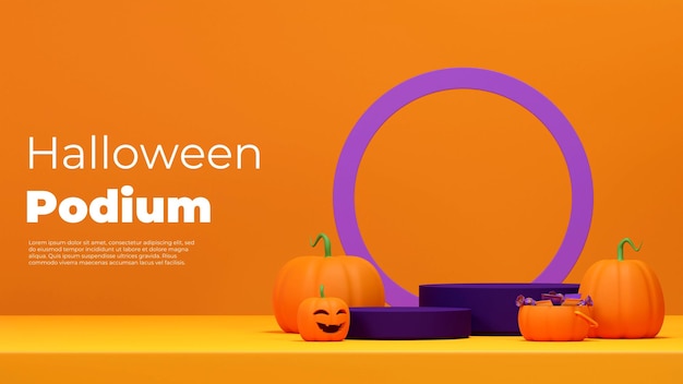 Mockup image 3d rendering of purple podium in landscape with jack o lantern, pumpkin, and candy