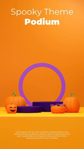 Mockup image 3d rendering of purple podium in portrait with jack o lantern, pumpkin, and candy