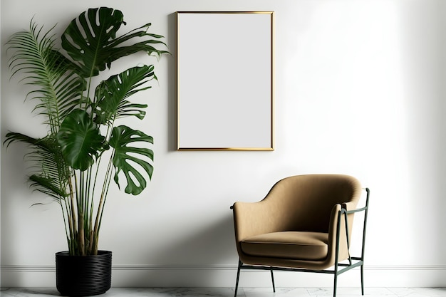 PSD a mockup image of an empty frame with a plant, brown chair inside a room with white wall background