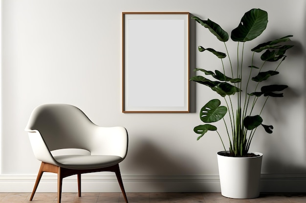 A mockup image of an empty frame with a plant and chair inside a room with white wall background