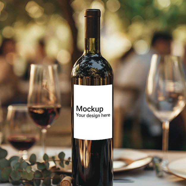 PSD mockup of label for wine bottle on festive table