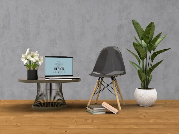 PSD mockup laptop with home decorating in the living room modern interior.
