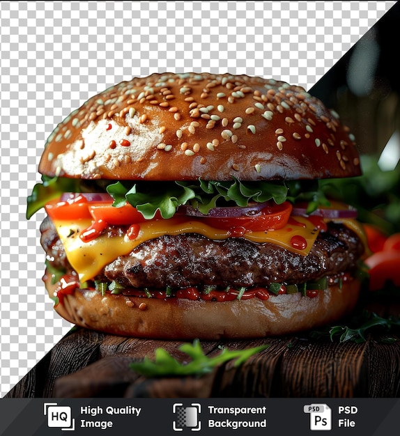 Mockup of a large burger with cheese and veggies on a wooden table featuring a brown bun yellow