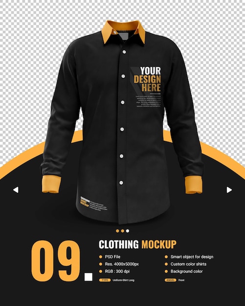 Mockup male black uniform shirt with long arm view front