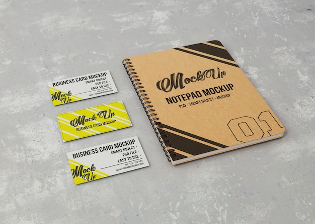 Mockup notepad and three business cards