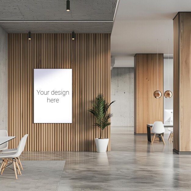 PSD mockup of a painting or advertising banner in modern office space with wooden walls