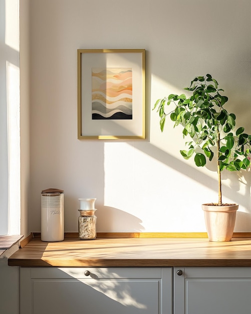 PSD mockup of a painting in a gold frame with a mat hanging on the wall in a cozy kitchen with plants