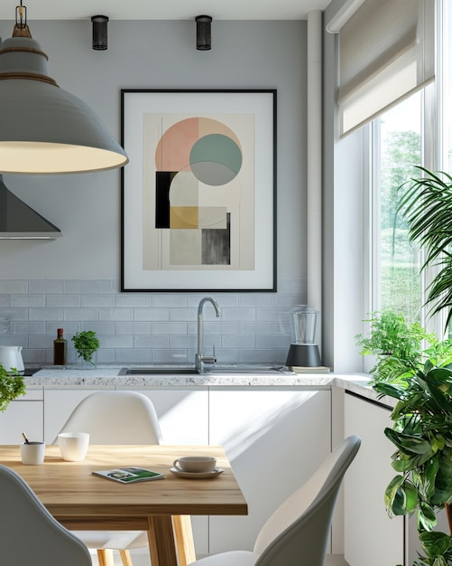 PSD mockup of a painting in a gold frame with a mat hanging on the wall in a cozy kitchen with plants