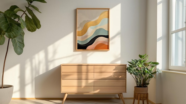 PSD mockup of a painting in a wooden frame with a mat hanging on the wall in a bright room with plants