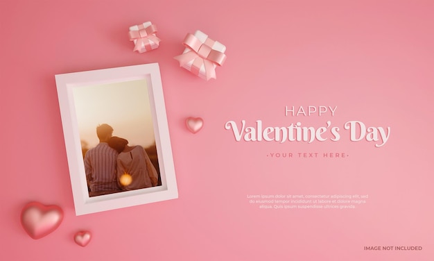 Mockup photo frame with hearts love and gifts for valentines day in 3d rendering