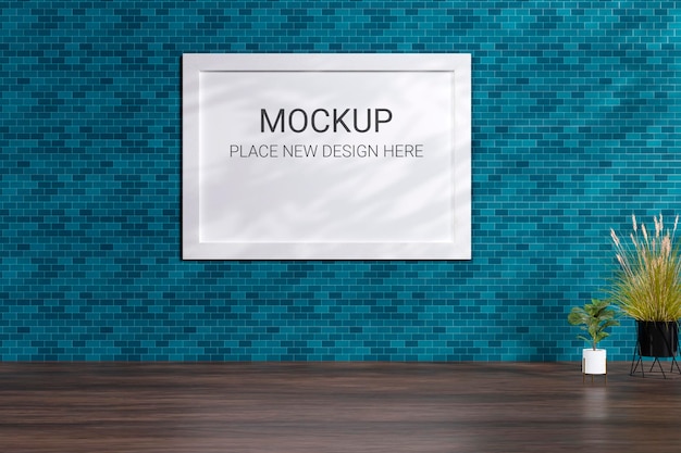 Mockup picture frame on a blue tile wall 3d rendered illustration