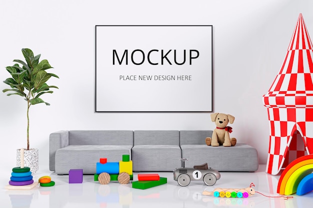 Mockup picture frame in a kid play room 3d rendered illustration