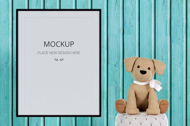 A mockup picture frame with a stuffed toy dog on a low chair 3d rendered illustration