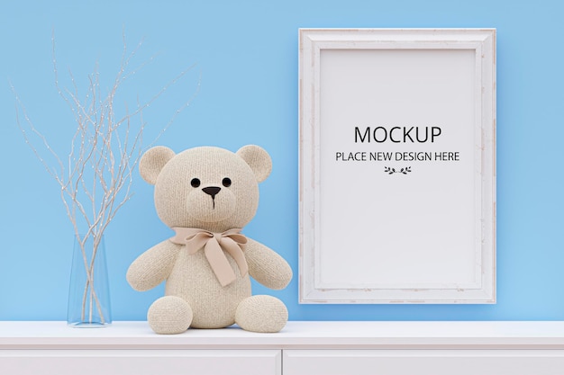 A mockup picture frame with stuffed toy teddy bear 3d rendered illustration