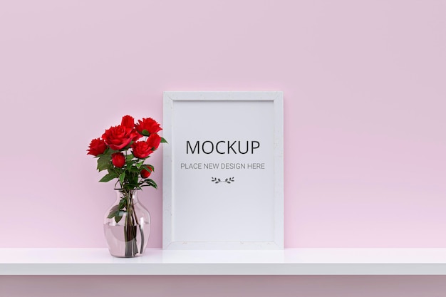 A mockup picture frame with a vase of roses on pink wall background 3d rendered illustration