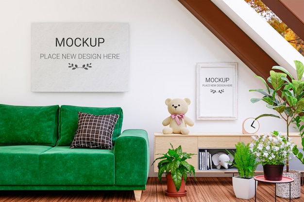 Mockup picture frames in a cozy attic living room 3d rendered illustration